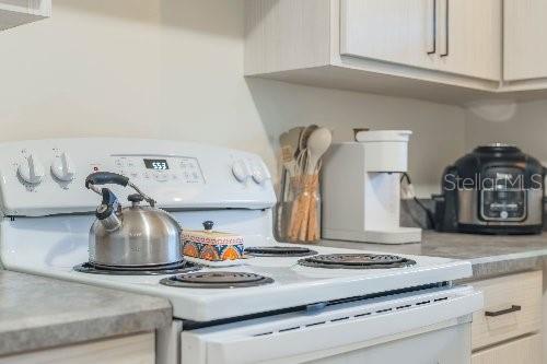 details with white electric stove and light brown cabinetry