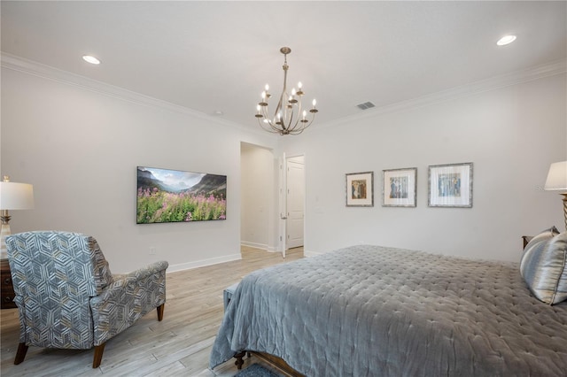 bedroom with ornamental molding, a chandelier, and light wood-type flooring