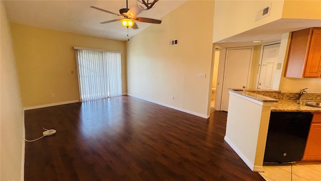 unfurnished living room with ceiling fan, high vaulted ceiling, sink, and light hardwood / wood-style floors