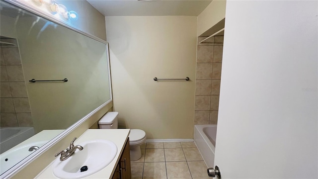 full bathroom with vanity, tiled shower / bath combo, tile patterned floors, and toilet