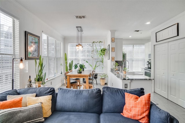 living room with crown molding and sink