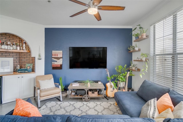 living room featuring crown molding, ceiling fan, and indoor bar