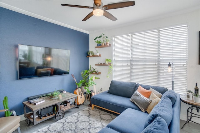 living room featuring crown molding and ceiling fan