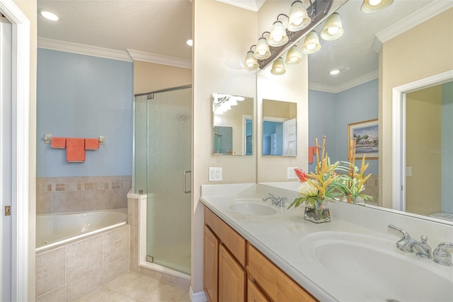 full bath featuring a garden tub, ornamental molding, and a sink