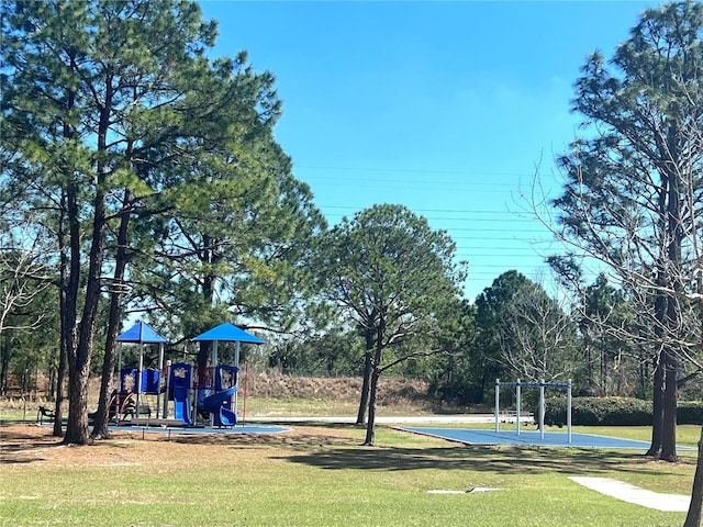 community jungle gym with a lawn