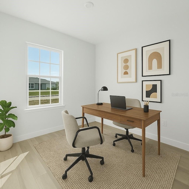 office with baseboards and wood finished floors