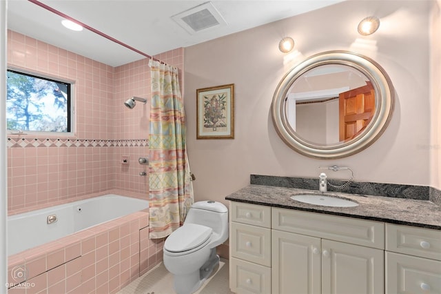 full bathroom featuring tile patterned flooring, vanity, shower / bathtub combination with curtain, and toilet