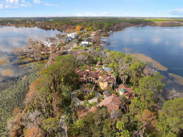 birds eye view of property with a water view