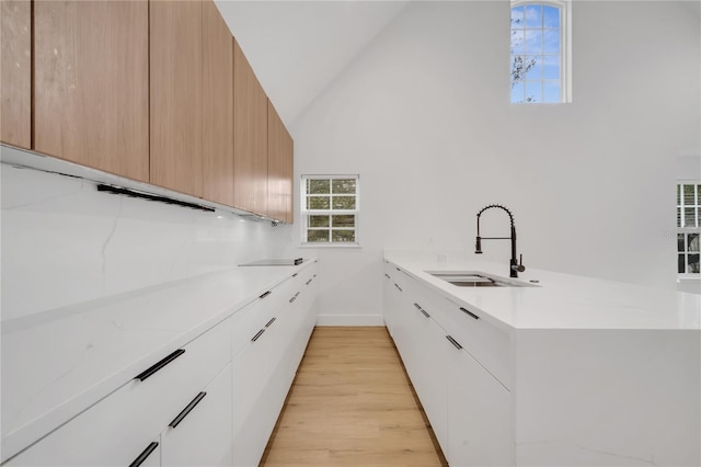 kitchen featuring a peninsula, a sink, white cabinetry, modern cabinets, and light wood-type flooring