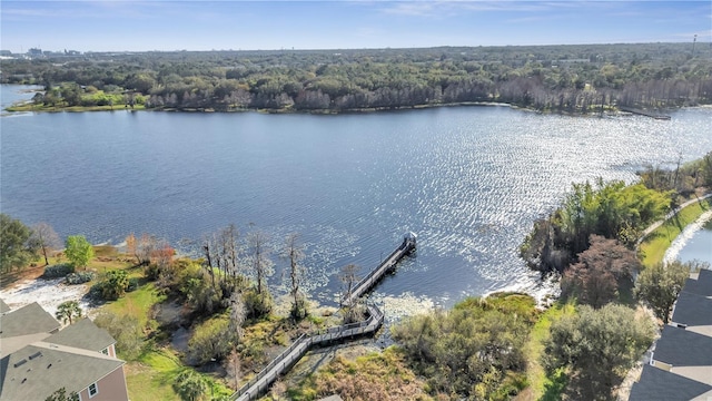 drone / aerial view featuring a view of trees and a water view