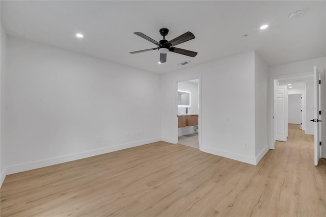 empty room featuring visible vents, ceiling fan, baseboards, recessed lighting, and light wood-style floors