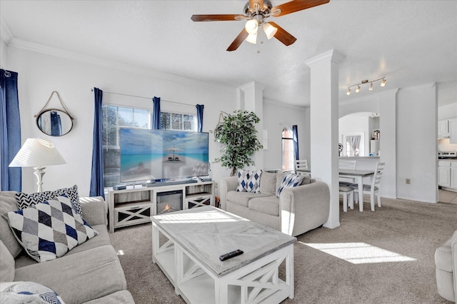 carpeted living room featuring crown molding, ceiling fan, plenty of natural light, and a textured ceiling
