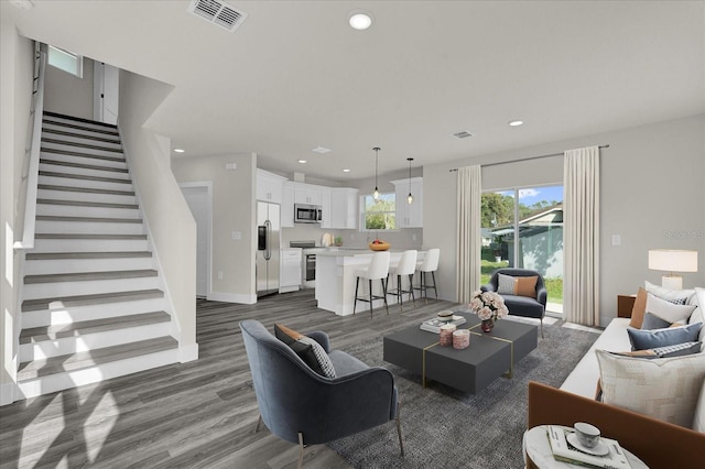 living room featuring dark wood-type flooring