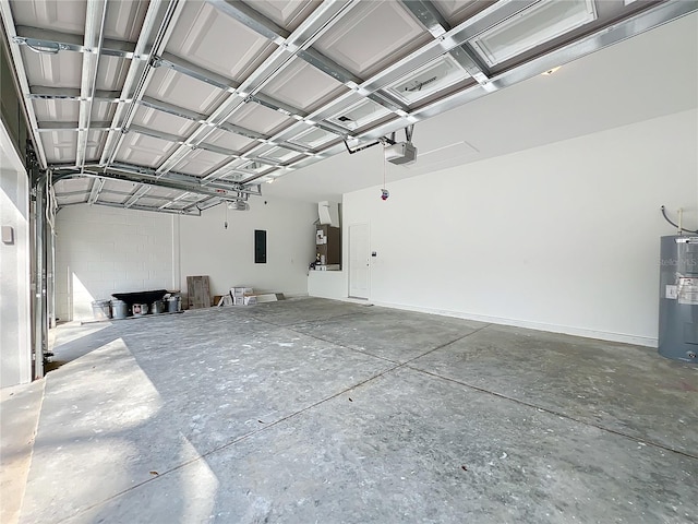 garage with a garage door opener, electric panel, and water heater