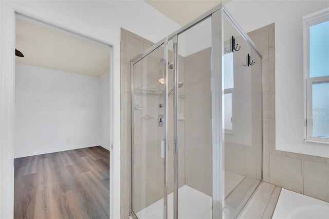 bathroom featuring wood-type flooring and walk in shower