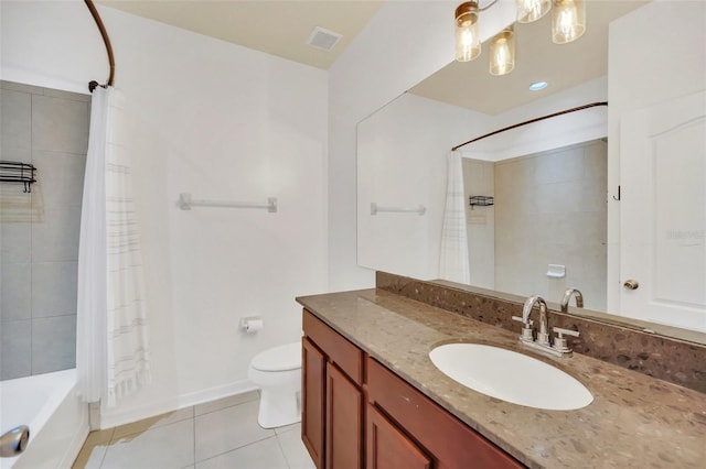 full bathroom featuring vanity, shower / bath combo, tile patterned floors, and toilet