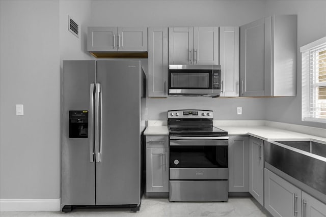 kitchen featuring appliances with stainless steel finishes, sink, and gray cabinetry