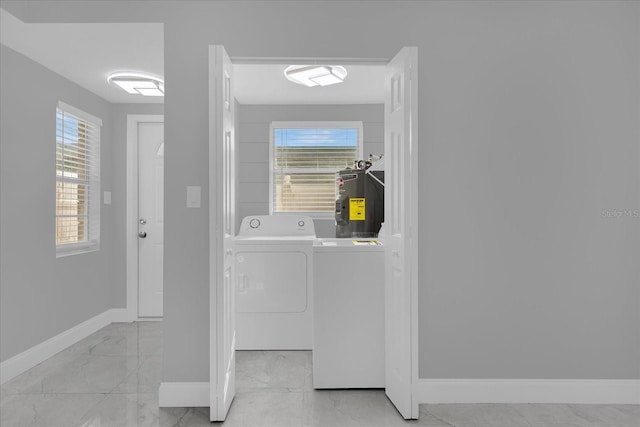 laundry room featuring washing machine and dryer and water heater