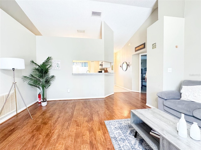 living room with hardwood / wood-style flooring and high vaulted ceiling