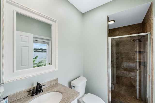 bathroom featuring vanity, toilet, and walk in shower