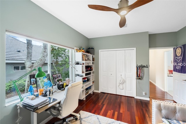 office area featuring ceiling fan and dark wood-type flooring