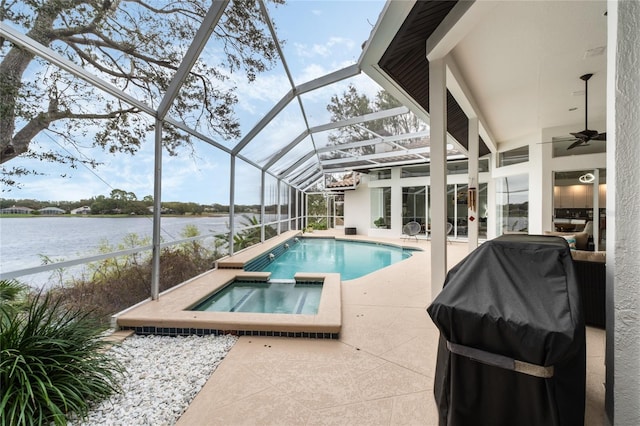 view of swimming pool featuring a water view, a lanai, an in ground hot tub, a patio area, and area for grilling