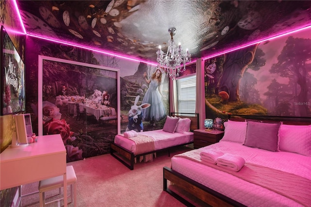 carpeted bedroom with an inviting chandelier