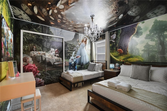 bedroom with an inviting chandelier and carpet flooring