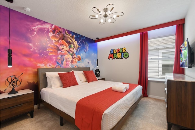 carpeted bedroom with an inviting chandelier and a textured ceiling