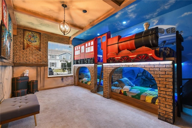 carpeted bedroom featuring beam ceiling