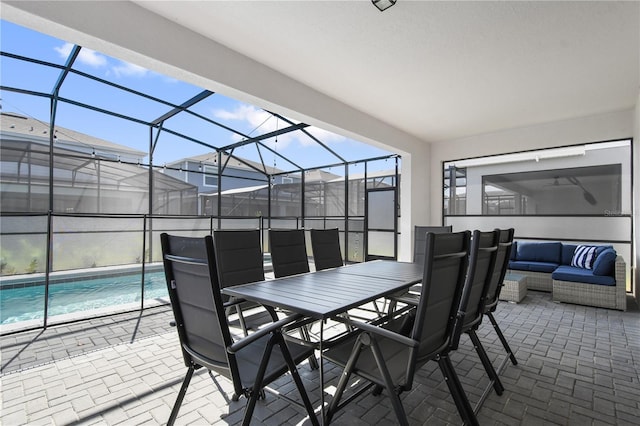 view of patio / terrace featuring a fenced in pool, outdoor lounge area, and a lanai