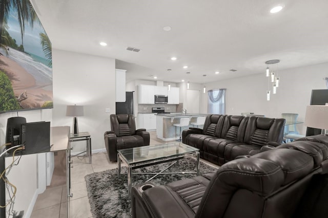 tiled living room with sink