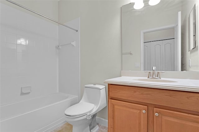 full bathroom with vanity,  shower combination, and toilet