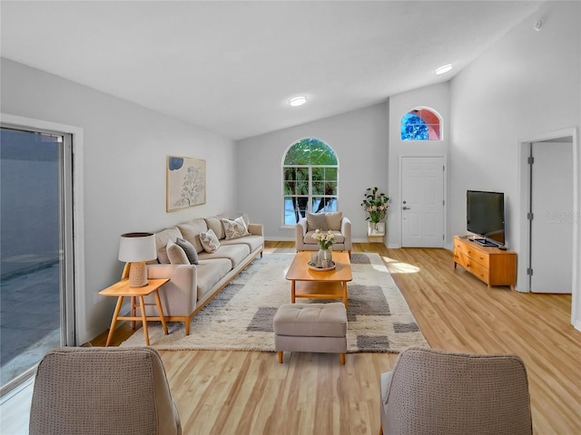 living room with high vaulted ceiling and light hardwood / wood-style floors