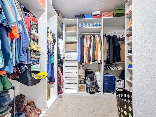 walk in closet with light colored carpet