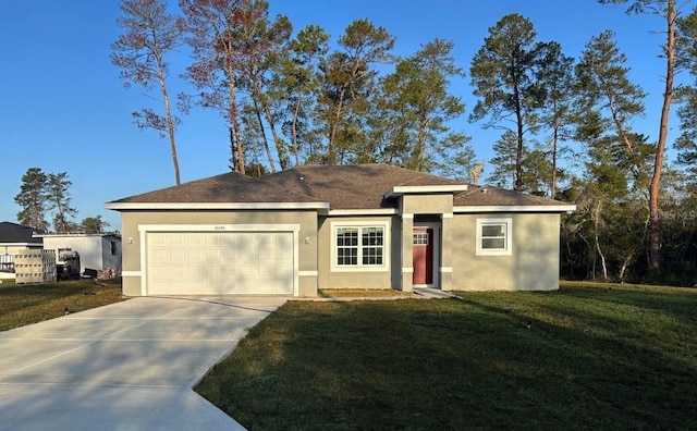 ranch-style home with a front lawn, an attached garage, and stucco siding