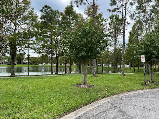 view of property's community with a yard and a water view