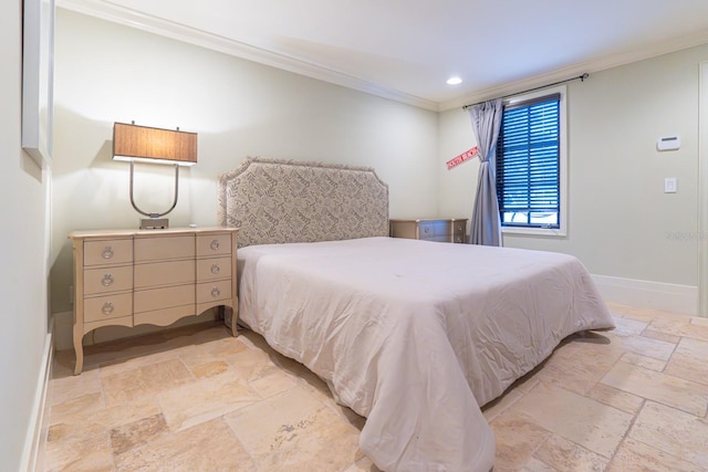 bedroom with recessed lighting, baseboards, crown molding, and stone tile floors