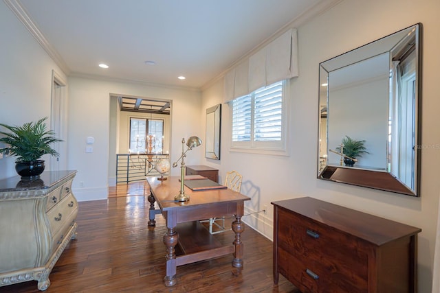 office area featuring baseboards, ornamental molding, and dark wood-style flooring