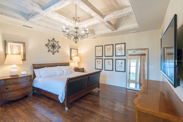 bedroom featuring visible vents, beamed ceiling, coffered ceiling, and hardwood / wood-style flooring