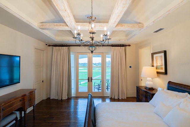 bedroom with french doors, beam ceiling, wood finished floors, access to outside, and coffered ceiling