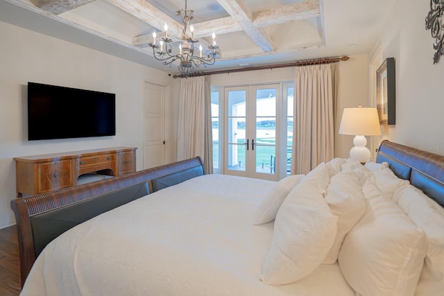 bedroom with coffered ceiling, wood finished floors, access to exterior, french doors, and beam ceiling