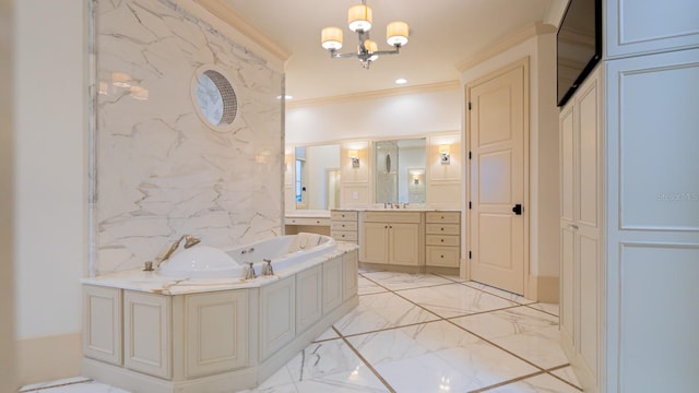 bathroom with marble finish floor, recessed lighting, ornamental molding, a chandelier, and a bath