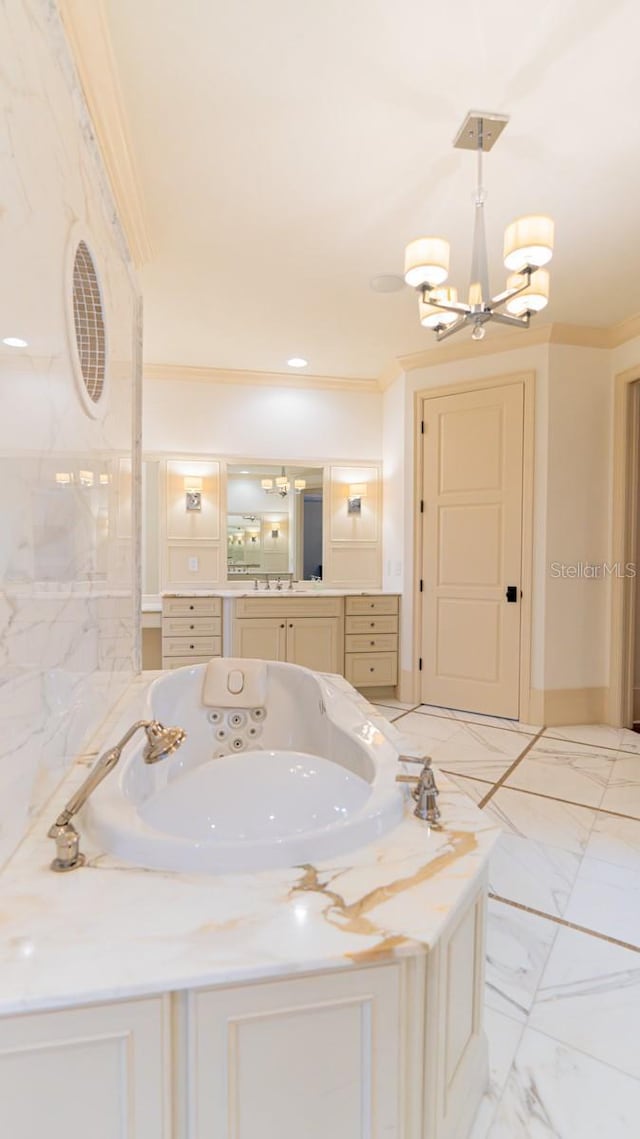 full bathroom with marble finish floor, an inviting chandelier, vanity, and crown molding