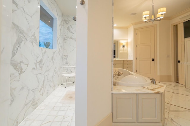 full bathroom with a notable chandelier, vanity, marble finish floor, a marble finish shower, and crown molding