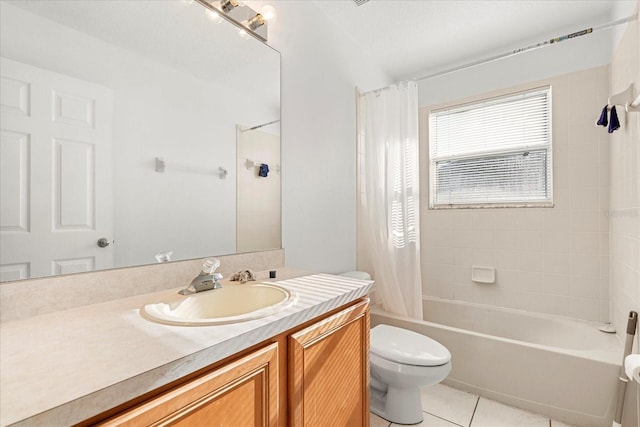 bathroom featuring toilet, vanity, shower / bath combination with curtain, and tile patterned floors