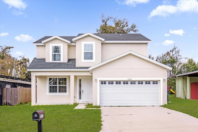 view of front of home with a front yard and a garage