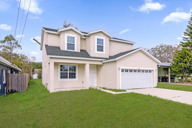 front facade with a front lawn and a garage