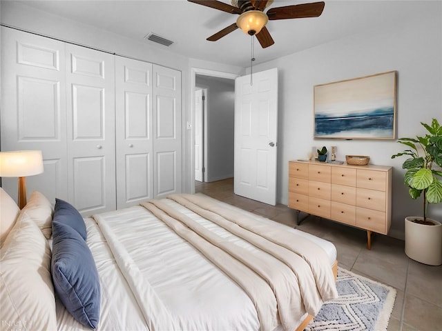 bedroom featuring light tile patterned floors, ceiling fan, and a closet