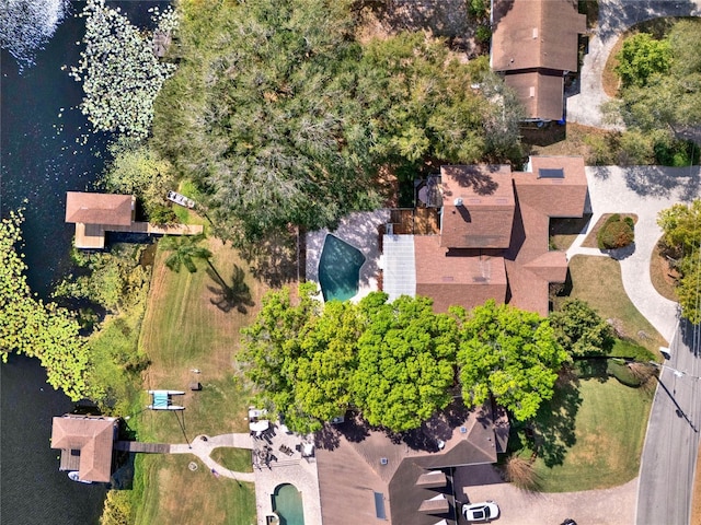 drone / aerial view featuring a water view